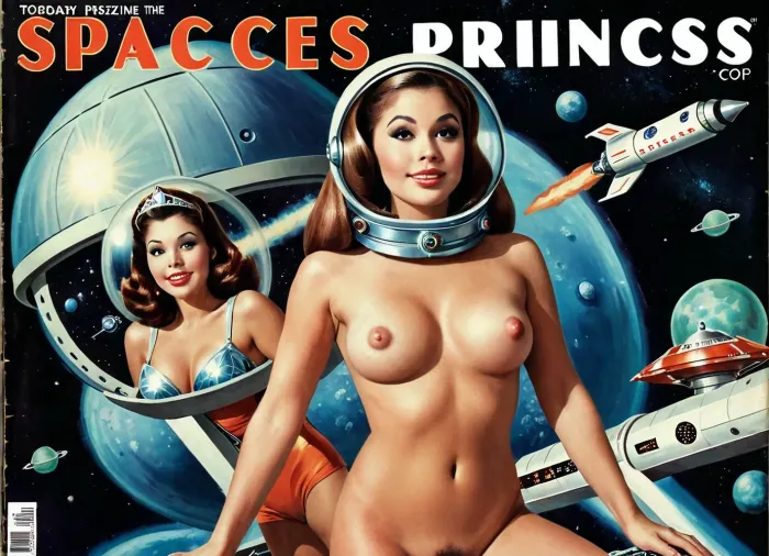 Der retro futuristische Fotostil verfügt über ein Topless-Mädchen, das einen Raumanzug mit einer Raumschiff-Crew beobachtet und lächelt, während die mittleren Brüste, glückliches Lächeln, lange haarige Pub, Topless-Mädchen trägt einen Raumanzug mit einem Raumschiff Crew