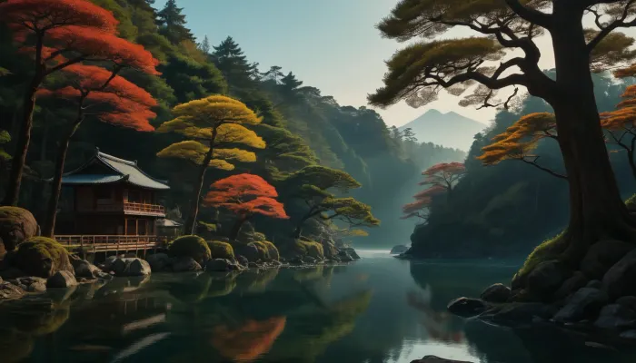 A high-detail, evocative photo of a Japanese nature photo with a zipper on the side, which creates a nostalgic tone. The image is stylized and has a nostalgic tone. It's sharp focus and vibrant