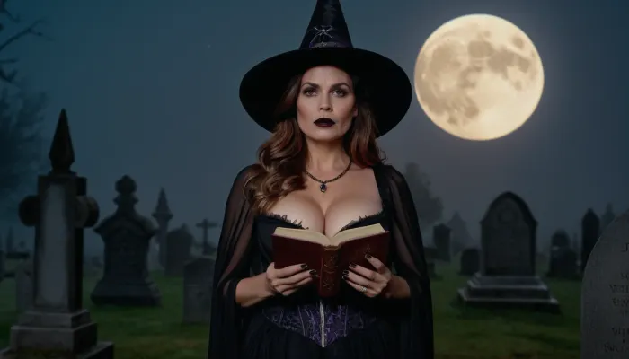 Una donna di 40 anni vestita in un costume da strega si trovava di fronte a un cimitero, tenendo un grimorio e recitando incantesimi. Improvvisamente, il cielo si trasformò in nero e nebbia rotolata dal nulla. Le labbra della donna si muovevano più velocemente come lei