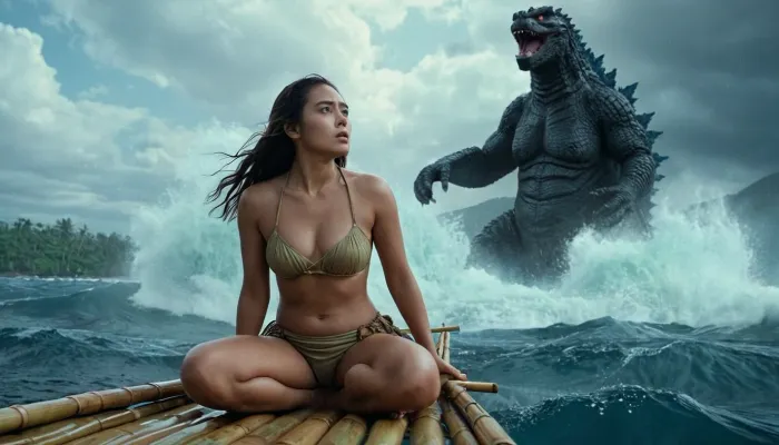 The epic movie scene was a breathtaking display of the power and beauty of nature. A beautiful polynesian girl on a bamboo raft out at sea, surrounded by lush greenery and towering palm trees. Suddenly, a massive wave crashed down from