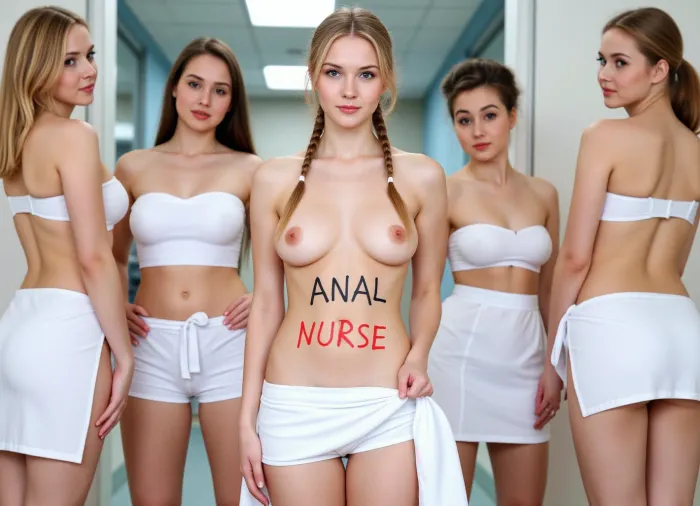 The six attractive nurses in their white skirts, hands beginning at hospital ward, began to focus on the camera. Their faces were painted with the words "ANAL NURSE" in big letters. They had long hair and big breasts. Their