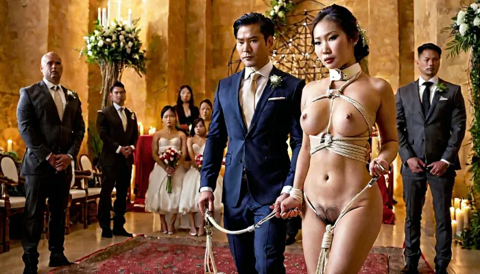 Le couple était lié et nu, leur corps orné de colliers métalliques. Ils ont reçu l'ordre de se mettre à poil et de se lier ensemble par leur grum à côté d'une image complète du corps d'une belle épouse d'esclave asiatique dans sa robe de mariée