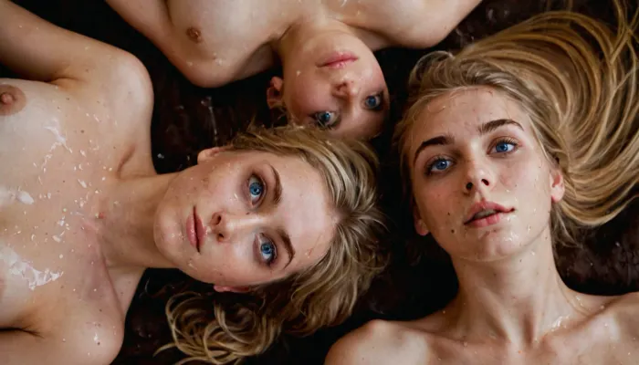 Les deux femmes étaient allongées nues sur le sol, l'une prenant des photos du corps nu de l'autre