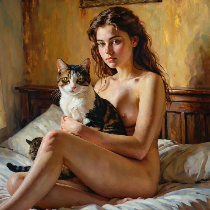 A mulher pintou uma imagem de uma mulher de 19 anos sentada nua em sua cama, brincando com um gato. A pintura era vibrante e cheia de vida, captando a essência da juventude e inocência