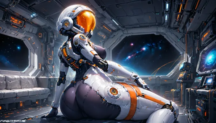 The girl in the picture is sitting inside a small spaceship, her long black hair flowing behind her. She wears a futuristic gun on her hip and has a large suit that hugs every curve of her body. Her face is obscured by the