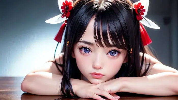 An AI-generated picture of a Japanese shrine maiden girl with doggy style and top-down position in an 18-year-old man's lap, with realistic hair, symmetrical face, blue eyes, and sharp teeth