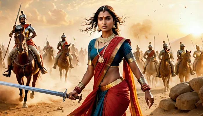 Rani Lakshmi Bai, la regina impavida di Jhansi, si trova in mezzo a una scena di battaglia mentre suo figlio si aggrappa strettamente alla schiena. La sua pelle è liscia e insoddisfatta dalla qualità
