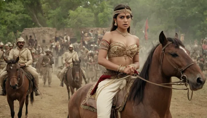 Rani Lakshmai Bai, una donna di 28 anni, guidò un esercito di soldati inglesi del XIX secolo in una battaglia contro gli inglesi. Indossava un vestito sexy che mostrava il suo midriff e la sua scissione, e il suo profondo