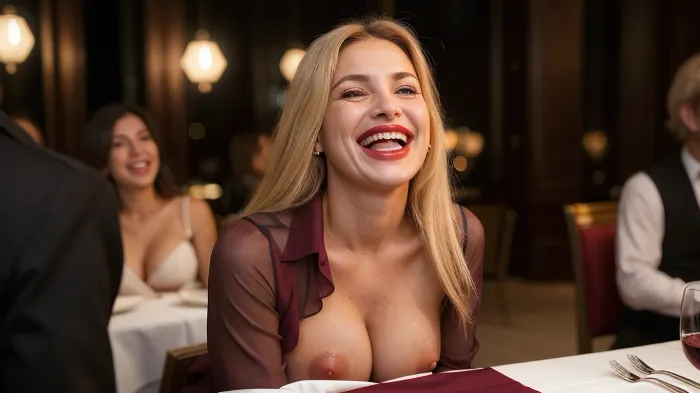 The Italian woman was enjoying her meal when she noticed the man across from her staring at her chest. She flashed him a smile and wiggled her shirt, revealing a glimpse of her saggy boobs. Despite his embarrassment, he couldn't help