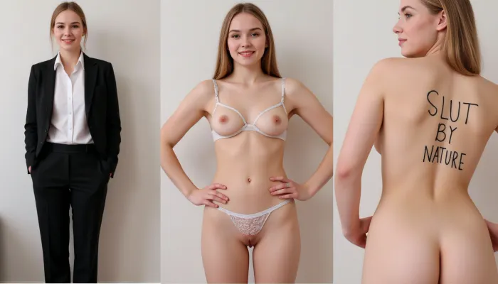 side-by-side three pictures of a young Swedish slim woman. On the first picture on the left she wears a formal pantsuit. On the second picture in the middle she wears silk lingerie, bra, panties, stockings. On the third picture on the right she is completely naked and on her body is text handwritten in large letters "SLUT BY NATURE".