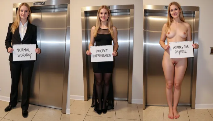 La mujer noruega, vestida con un vestido negro transparente y sosteniendo una señal hecha a mano con el texto "NORMAL TRABAJO", estaba frente a un ascensor, pidiendo pago