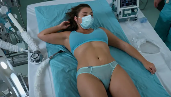 The woman was lying on the operating table, wearing a respirator and panties. Her thick thighs were visible, and her dimly lit face was perfect. She had full breasts and a curvy body. Her eyes were closed, but she was