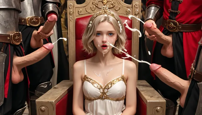 Le scandaleux bukkake au trône : un cauchemar médiéval dans le détail hyperréaliste

- Oui.

Dans une image hyperréaliste de 8k au Moyen Age, une jeune et belle princesse d'Angleterre s'assit sur son trône, entouré de chevaliers. Au milieu de la salle du trône, elle laissa sortir un cri sanglant qui résonnait dans les couloirs. Soudain, un événement impensable s'est produit - trois, quatre, cinq, six gardes, inexplicablement, éjaculation sur elle. La princesse, choquée et humiliée, a été laissée couverte dans leur saleté, avec des gouttelettes de sperme sur ses cheveux et son visage, une démonstration brutale de ce qui ne peut être décrit que comme un incident de bukkake.