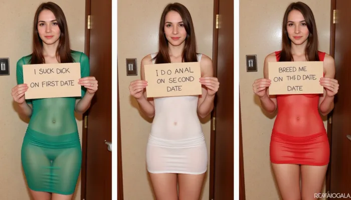 side-by-side three pictures of a young Italian, slim, woman, with brunette hair, standing in front of an bathroom door at a restaurant. On the first picture on the left she wears a green transparent dress, and holds a handmade sign with text "I SUCK DICK ON FIRST DATE". On the second picture in the middle she wears a white transparent dress, and holds a handmade sign with text "I DO ANAL ON SECOND DATE". On the third picture on the right she wears a red transparent dress, and holds a handmade sign with text "BREED ME ON THIRD DATE".