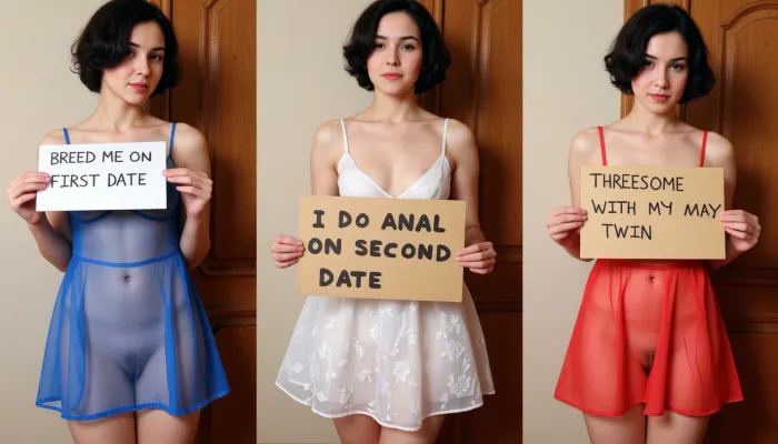 side-by-side three pictures of a young French, slim, woman, with short curly black hair, standing in front of an bathroom door at a restaurant. On the first picture on the left she wears a blue transparent dress, and holds a handmade sign with text "BREED ME ON FIRST DATE". On the second picture in the middle she wears a white transparent dress, and holds a handmade sign with text "I DO ANAL ON SECOND DATE". On the third picture on the right she wears a red transparent dress, and holds a handmade sign with text "THREESOME WITH MY TWIN ON THIRD DATE".