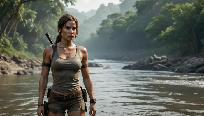 Lara Croft crossing a river swiming away from crocodiles. ultra-detailed. view from distance.