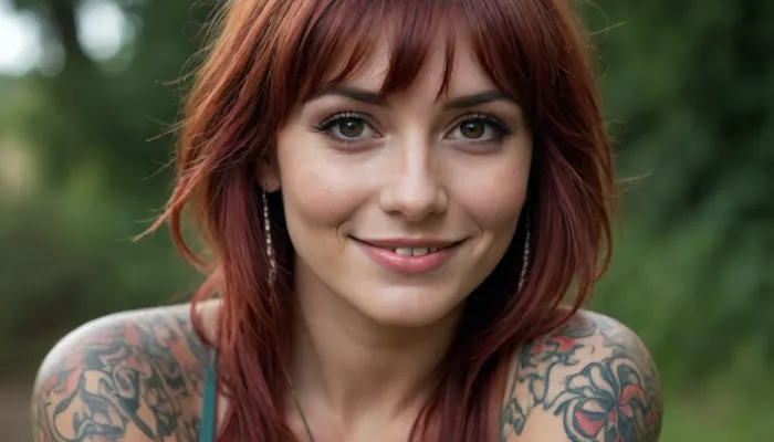 a beautiful gypsy, tattooed all over, reddish hair, slim, tight features, bangs, looks at us kindly, she smiles