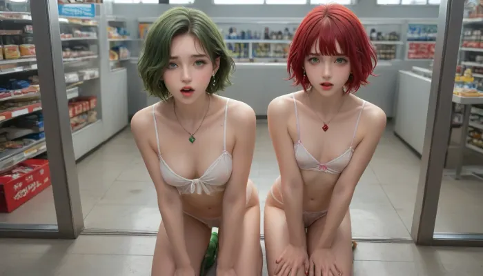 in the store window, view through the glass from the street, passers-by stare at the sissy, red velvet on the floor, femboy, short hair, boy breasts, inverted nipples, sea-green lips, sea-green long nails, hands on knees, ruby hair, ruby nose piersing, large eyelashes, sea-green eyes, shaved pubic, see-through microkini, flaccid very long thin penis, huge ejaculation, cum flow, ahegao, on knees, legs apart, sea-green high heels, look at viewer, orgasm face, ruby necklace, ruby earring, messy hair, <lora:754990_training_data:.5>