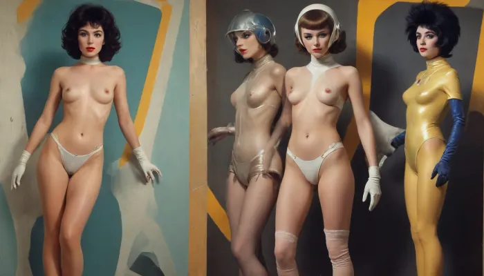 (style of old pulp scifi poster, Flat 2D Art, retrofuturism, very small perky tits, very hairy pussy, covered nipples:1.2), side-by-side pictures of 18 year old slim sexy space princess wearing asymmetric avant-garde super tight space suit, (avant-garde asymmetric clothes:1.6), (wearing, futuristic, sexy, asymmetric, torn, cutout, exposing breast or pussy, lewd, intricate details, avant-garde, cutouts, cutoffs, lace, leggins, leotard, hotpants, uniform, suit, flightsuit, spacesuit), rank insignia, royal insignia, space_space, <lora:add-detail-xl:.5>, <lora:Space_clothes-xl-8:.5>