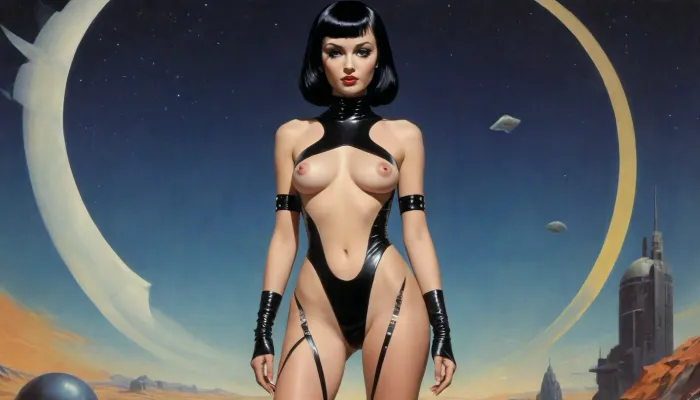 (style of old pulp scifi poster, Flat 2D Art, retrofuturism, very small perky tits, covered nipples:1.5), (side-by-side:1), side-by-side pictures of 18 year old slim sexy space princess wearing asymmetric avant-garde super tight space suit, (avant-garde asymmetric clothes:1.6), (wearing, futuristic, sexy, asymmetric, torn, cutout, exposing breast or pussy, lewd, intricate details, avant-garde, cutouts, cutoffs, lace, leggins, leotard, hotpants, uniform, suit, flightsuit, spacesuit, space_space, Avant-garde, edgbodytape), rank insignia, royal insignia, <lora:add-detail-xl:.5>, <lora:Space_clothes-xl-8:.5>, <lora:Avant-garde Fashion:.5>, <lora:edgBodytapeXL:.5>, <lora:weird_runway:.5>