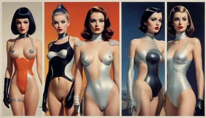 (style of old pulp scifi poster, Flat 2D Art, retrofuturism, very small perky tits, covered nipples:1.4), (side-by-side:1), side-by-side pictures of 18 year old slim sexy space princess wearing asymmetric avant-garde super tight space suit, (avant-garde asymmetric clothes:1.6), (wearing, futuristic, sexy, asymmetric, torn, cutout, exposing breast or pussy, lewd, intricate details, avant-garde, cutouts, cutoffs, lace, leggins, leotard, hotpants, uniform, suit, flightsuit, spacesuit, space_space, Avant-garde, edgbodytape), rank insignia, royal insignia, <lora:add-detail-xl:.5>, <lora:Space_clothes-xl-8:.5>, <lora:Avant-garde Fashion:.5>
