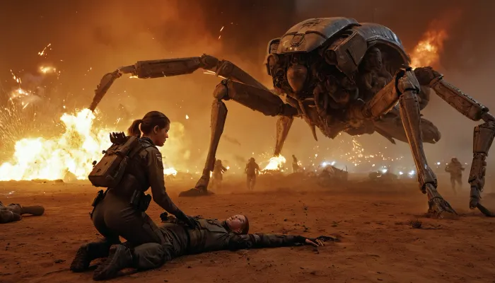 (Starship Troopers Movie Style), Female medic, tending to a wounded soldier, BREAK, futuristic battlefield, explosions, giant alien bugs, night, dynamic angle, photo-realistic, highly detailed, bf3, bf4, bf1, bfv, <lora:BFXL:.8>, detailxl
