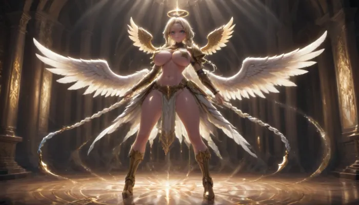 (masterpiece, best quality, highly detailed), 1girl, sarielx, heterochromia, braided ponytail, braided bangs, dramatic lighting, god rays, gold armor, (underboob:1.2), (big tits:1.5), (big hips:.5), gold miniskirt, gold boots, angel wings, cathedral, vitril, stained glass, standing, angel, wings