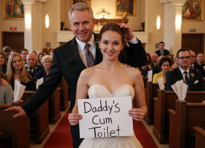 Middle-aged man in a suit standing behind the super busty young bride girl holding a sign Text painted on "Daddy's Cum Toilet" with black marker, wedding church, seductive, public, church full people