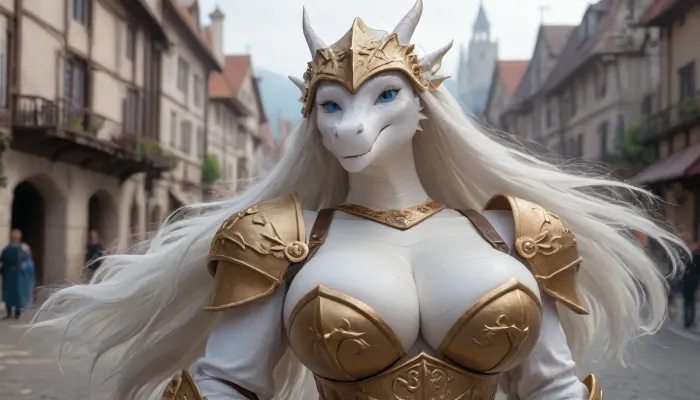 (white anthro dragon girl:2), (white long hair+white scale:1.5), (fit female+huge breasts:1.1), (gold knight armor+helmet:1.1), in medieval city