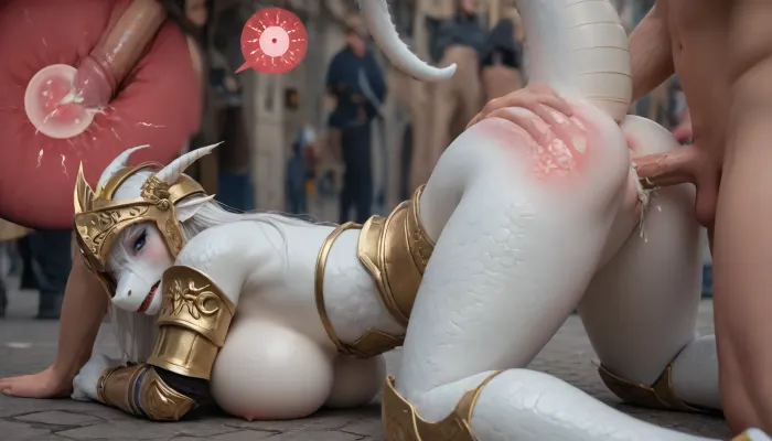 (white anthro dragon girl:1.8), (white long hair+white scale:1.2), (fit female+huge breasts:1.1), (gold knight armor+helmet:1.2), in medieval city street, top-down, bondage, doggy style, butt grab, anus spread, (human male), (vaginal sex+vaginal x-ray:1.2), (innie pussy:1.1), (overflowing cum:1.1), (impregnation), gangbang, (close-up+pussy focus+side view:1.4), (angry+tears:1.2)