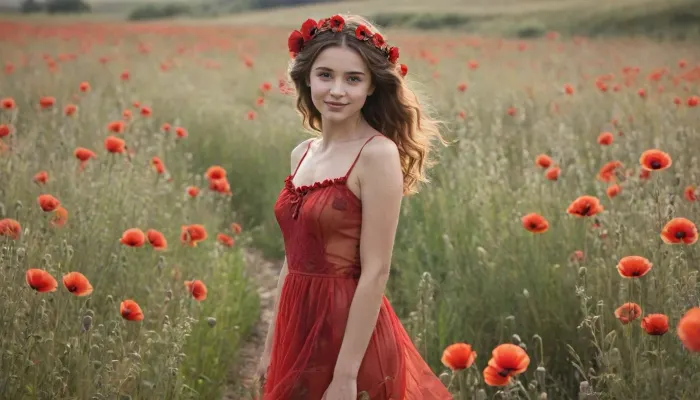 "Design a character inspired by Maková panenka, reimagined as a charming and vibrant figure in her mid-20s. She is a petite, graceful young woman with delicate features and a warm, friendly smile. Her hair is deep red, resembling the petals of a poppy flower, and falls in soft, wavy layers around her face and shoulders. Small poppy blossoms and green leaves are woven into her hair, adding to her connection with nature. Her outfit is inspired by the poppy flower, a flowing, petal-like dress in vivid shades of red and black, with soft green accents to mimic the poppy’s stem and leaves. The skirt of her dress flutters like flower petals in the breeze, giving her a light, ethereal appearance. She wears simple green slippers, reflecting her roots in the natural world. Maková panenka’s expression is lively and curious, with sparkling eyes that convey her playful and kind-hearted personality. Place her in a lush meadow filled with vibrant red poppies, tall grasses, and golden sunlight. Surround her with small creatures, like butterflies or ladybugs, emphasizing her harmony with her floral surroundings. The scene should feel colorful, warm, and slightly magical, capturing her as a radiant symbol of nature and beauty.", RedRealStockings, <lora:RedRealStockings_XL:.5>, <lora:nsfw-xl-2.0:.5>