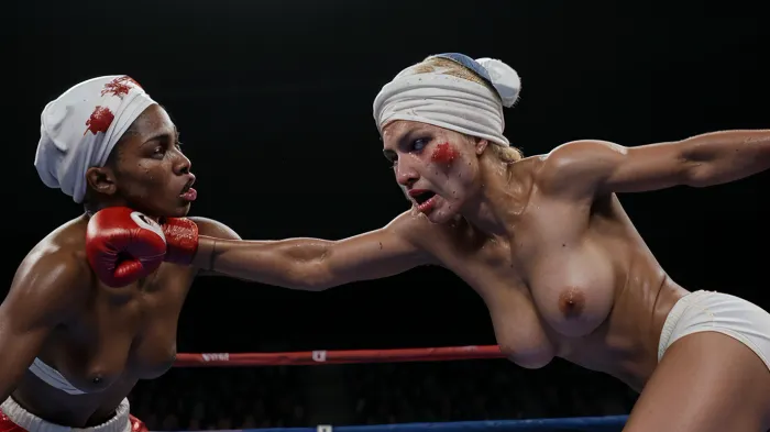 A Brutal Boxing fight wit blood, two girls, a dark skinned naked Arab girl wearing a headscarf, white blonde Woman with blue eyes wearing a cap. The White Woman punch black woman, Masterpiece, Detailed Skin, Detailed Face, Perfect Hands. blood from mouth