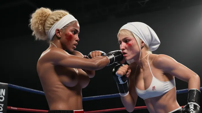 A Brutal Boxing fight wit blood, two girls, a dark skinned naked Arab girl wearing a headscarf, white blonde Woman with blue eyes and blonde hair. The White Woman punch black woman, Masterpiece, Detailed Skin, Detailed Face, Perfect Hands. blood from mouth
