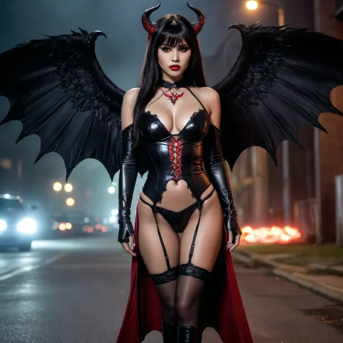 asian woman, Full size succubus photo, very big black wings, detailed face, seductive pose, demonic features, very long dark hair, horns, wings, glowing red eyes, fantasy themed sexy outfit, leather and lace, deep neckline, spectacular makeup, super narrow waist, super long legs, full view, silicon lips, slim, beautiful ass, night setting, standing on road, demonic Rottweiler sitting next to her, ominous atmosphere, high contrast, high detail, hyper detailed photorealistic maximum detail, 32k, Color Grading, ultra HD, extremely meticulous detail, skin pore detail, hyper sharpness, perfect without deformation, <lora:womb_tattoo_v6_SDXL:.5>, <lora:zavy-cntrst-sdxl:.5>