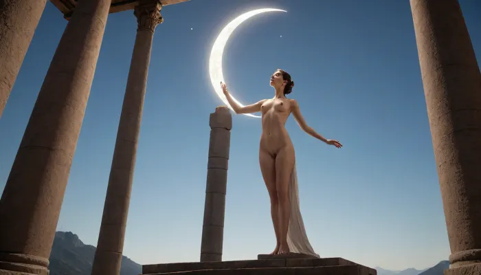 ((full body view)), ((wide angle view)), anorexic, naked, small breasts, brunette, This towering sculpture stands on a stone pedestal, reaching skyward, with an ethereal and otherworldly presence. Azura is depicted as a tall, elegant female figure, radiating an aura of celestial grace and divinity. Her posture is one of poise and balance, as she stands with one arm extended high above her head, holding a glowing star. This star symbolizes the light of dawn and dusk, crucial elements of Azura’s sphere of influence. In her other hand, positioned gracefully at her side, she holds a crescent moon, further emphasizing her association with celestial events.

The statue's form is slender and flowing, her robes billowing as though caught in a gentle breeze, accentuating her otherworldly beauty. The folds of her clothing create a sense of movement, as if the figure exists in a state between realms. Her serene expression exudes calmness and control, with delicate features that highlight her divine, almost serene, nature. Azura’s gaze is fixed toward the horizon, reinforcing her role as a deity of foresight and prophecy.

Surrounding the base of the statue, the architecture has an ancient, sacred quality, with stone steps leading up to the shrine, where pilgrims and worshipers come to pay homage. The dark, cold stone of the mountain contrasts with the brilliant light from the star she holds, casting long shadows that give the whole scene a mystical atmosphere.