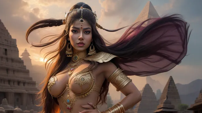 A highly detailed full body oil painting, in style of by Julia Bell, a woman in an Indian warrior costume, indian art, cgsociety contest winner, fantasy art, with huge breasts, with beautiful exotic, pyramid, full hd, metart, commission for, an oil on canvas painting, contest winner, figurative art, young woman with long dark, an airbrush abstract figurative art, <lora:hipoly_3dcg_v7-epoch-000012:.5>