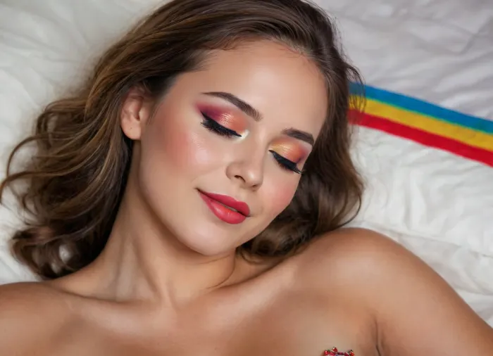 20 year old brown haired woman, radiant hair, deeply tanned brown skin, round face, eyes closed, detailed eyelids, smiling dreamily, resting, exhausted, content, asleep, prominent cupids bow lips, shiny red lips, hair cascading over shoulder, (detailed rainbow eyeshadow, long winged eyeliner, flushed cheeks), makeup, loose lingerie, breasts out, laying down, after sex