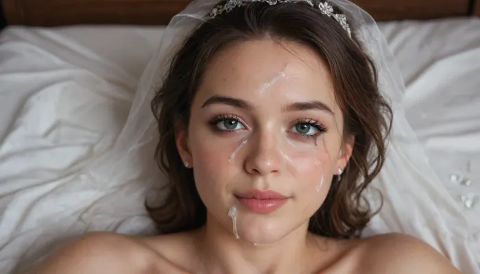 close-up on head of cute slutty bride woman, in wedding dress, wedding veil, laying on bed after having been used intensely, facing viewer, tired but happy, slight smile, ruined makeup, forehead full of cum, nose full of cum, mouth full of cum, cum running onto bed, lots of cum, loads of cum, bukkake, warm light, beautiful morning