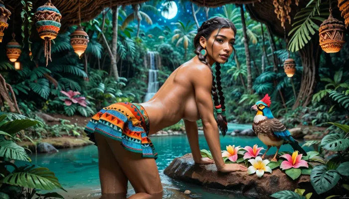 Amazon rainforest, night, Mayan pyramids visible in the background, many bright tropical flowers, on the bank of a stream, woman, Native American, 35 years old, long uniform hair braided in two braids, short deerskin skirt, nude, multi-colored beads in several rows on her neck, decoration of tropical bird feathers on her head, is bending over