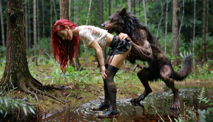 ongoing pursuit, [the girl is chased through the forest by a horny werewolves], escapes, partially clothes, scratches on the skin, small tits, ideal tits, perfect boobs, long red hair, [upped blouse], [visible two chasing werewolves in the background], two werewolf and a woman, her dirty skin, werewolf is not much taller than the girl, skirt, black stockings, black garter belt, full body view, wet skin, shirt lifted up, s side view, unsuccessful attempt to defend against the werewolf, perfect hands and fingers, high definition, ultra realistic, <lora:580159_training_data:1>, <lora:RealDownblouseXL2:1>