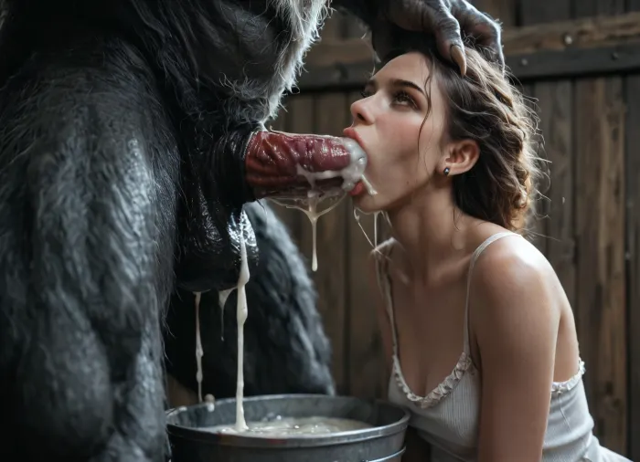 A girl on her knees, buckets of cum around her, bucket full of cum under her chin, irrumation. a giant man, (detail a long queue of monsters werewolves minotaurs all have giant erections:1.2), .