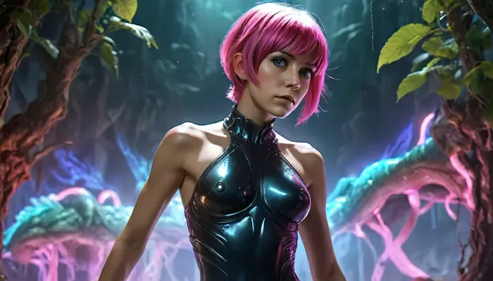 1girl, punk, pink hair, short hair, pixie hair, blue eyes, extremely best quality, official art, cg 8k wallpaper, black bodysuit, gun in hand, solo, looking up, light particle, highly detailed, best lighting, pixiv, depth of field, (beautiful face), incredibly detailed, (an extremely beautiful), (best quality), under-boo, the light of other worlds, the horrors of Lovecraft, scaly skin, hypertrophied eyes, iridescent snake skin, iridescent skin, alien landscape, alien planet, mysterious science fiction, transcendent, very detailed face, correct anatomical structure, correct anatomy, correct body, (very detailed lips:1.18), detailed nose, (((Very detailed face))), muscular beauty, (toned muscles:1.3), (musculature:1.3), (embossed abs:1.1), Epic mystical scene, fog, haze, luminous water, (multicolored light:1.1), a light show with futuristic drawings all over her body. body with fluorescent paint, glowing from ultraviolet light, bright colors and exquisite details, ultra-high resolution, (UHD), hyperrealism and wide dynamic range, (HDR), rays of light, surreal futurism, beautiful view, fine details, perfect lighting, (best lighting), cinematic composition, thanks to the bright colors and exquisite details, the lighting turns out to be realistic, the light sources convey the atmosphere, the intrigue and beauty of the alien world, detailed iris, detailed face, beautiful surreal alien world, colorful alien world, glowing alien plants, fantastic alien plants, the action takes place in an alien world, the mood is creepy and the otherworldly, hidden mystery and danger, Lovecraft's alien world, dark fantasy, Multi-eyed horror, horror fantasy, phosphorescent light, (dynamic light), (maximum detail), beautiful alien garden, distant fantastic mountains reflecting the surrounding light, beautiful view illuminated by light, sparkling landscape, fantastic surroundings, overgrown nature, mysterious mood, realistic, seductive, <lora:ALisa_Selezneva_V5:1.5>