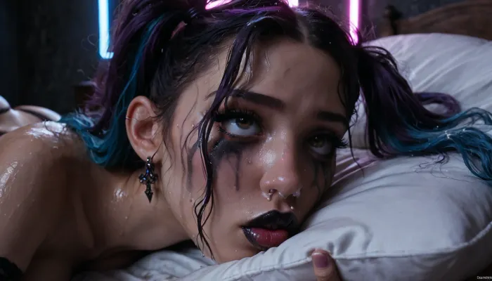 Score_9, score_8_up, score_7_up, (close-up of her face:1.5), (solo), (1girl), (long hair), (multicolored hair, (dark purple hair), (bright blue hair)), (twintails:1.4), (wavy hair), (messy hair), (wet hair:1.4), submissive, (incredibly busty bimbo:1.1), (engorged breasts), (gigantic tits), (saggy heavy boobs), (pointy breasts), (retrousse tits), (nipple piercings), (bimbo slut makeup), (mascara running down her face:1.3), (incredibly long lashes), (bimbo lips), (black lipstick), (super snatched waist), (pencil waist), (huge bbl ass:1.2), (ribs visible), (oiled glossy skin), (sweaty skin), (shaved pussy), (white skin:1.1), (pale skin:1.4), (gothic:1.1), (goth:1.1), (tan lines:.8), (brown eyes), (perfect mouth), (perfect lips), (topless), (bottomless), (no clothing except a black garter belt and black fishnet thigh-high leggings and black platform stilettos and black fishnet arm sleeves), perfecteyes, <lora:PerfectEyesXL:.8>, (she's laying on a bed, on her side, head on a pillow), exhausted, tired, hair and makeup was elegant and beautiful but is now messy and disheveled after hours or rough sex, (ruined makeup:1.4), (smudged lipstick smeared across face), (cum running out of her nose and mouth onto the bed:1.2), (excessive amounts of cum:1), (vacant expression:1.4), (fucked stupid, brainless), (black walls), (gothic bedroom), (blue and purple neon lighting:1.1), (bright neon lighting:1.2), HighRes Fix, ADetailer, Inpainting, Upscale, Photoshop, <lora:dark:.5>, <lora:315758_training_data:.8>