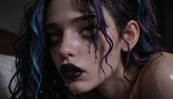 Score_9, score_8_up, score_7_up, (close-up of her face:1.5), (solo), (1girl), (long hair), (multicolored hair, (dark purple hair), (bright blue hair)), (twintails), (wavy hair), (messy hair), (wet hair:1.4), submissive, (incredibly busty bimbo:1.1), (engorged breasts), (gigantic tits), (saggy heavy boobs:1.2), (pointy breasts), (retrousse tits), (giant pale areolae:1.2), (nipple piercings), (bimbo slut makeup), (mascara running down her face), (incredibly long lashes), (bimbo lips), (black lipstick:1.2), (dark brown eyes), (super snatched waist), (pencil waist), (wasp waist), ((gigantic ass, big round ass, big bubble butt)), perfectly shaped ass, thighs together, (ribs visible), (wet skin), (shaved pussy), (white skin:1.1), (pale skin:1.5), (tan lines:.6), (perfect mouth), (perfect lips), perfecteyes, <lora:PerfectEyesXL:.8>, (black thigh-high platform boots), (black latex arm sleeves), (ruined makeup:1.4), (smudged lipstick smeared across face), (vacant expression:1.4), (fucked stupid, brainless), (laying on a bed, on one side, facing camera, profile), exhausted, tired, hair and makeup messy and disheveled, (cum running out of nose onto the bed:1.1), (cum running out of mouth onto the bed), (black walls), (gothic bedroom), (black bed, black sheets, black pillows), (blue and purple neon lighting:1.1), (bright neon lighting:1.2), HighRes Fix, ADetailer, Inpainting, Upscale, Photoshop, <lora:dark:.5>, <lora:315758_training_data:.8>