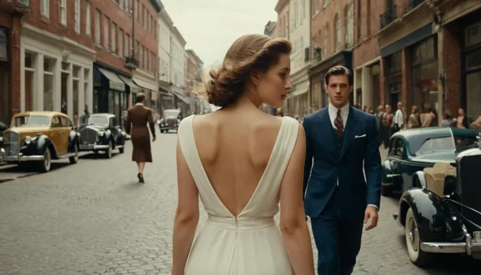 A realistic and detailed vintage-style photo of a young woman, around 18 years old, walking down a city street. The photo is taken from behind her. She is wearing a white dress, which is gently lifted by the wind, creating a dynamic, natural effect. Two men in classic three-piece suits are walking towards the camera and glance back over their shoulders to admire the woman, while maintaining respectful distance. The street is filled with vintage-style elements, like old-fashioned buildings, classic cars, and 1940s fashion. The scene exudes an elegant, timeless atmosphere, with soft, natural lighting.