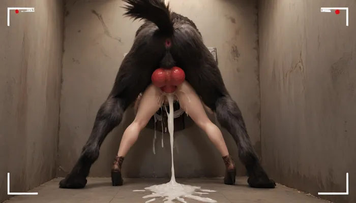 Werewolf, massive red knotted werewolf penis, red eyes, woman in glory wall, freeuse, beautiful slutty woman, rough sloppy sex, primal mating, cum inside, growling, gallons of semem leaking from her pussy, camera facing view from behind, modern-werewolf, excessive cum in pussy, massive ejaculations., <lora:Modern_Werewolf:.8>