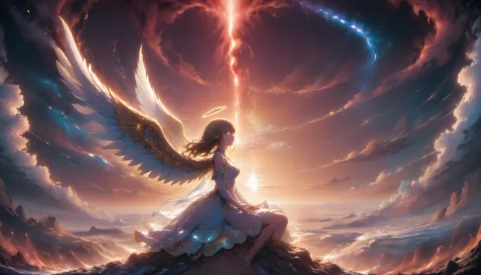 Magnificent landscape, above the clouds, sky, sunset, (stars), angel, (side view), big wings, halo, sitting on a cloud, dreamy gaze, looking into the distanc