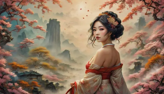 cherry blossom festival, temple, festival of kites, (topless geisha:1.5), flying a kite, ink, landscape, painting, (Chinese calligraphy), <lora:SDXLFaeTastic2400:1.4>, <lora:add-detail-xl:.8>, <lora:Fresh Ideas@Southern Song Dynasty landscape paintingSDXL:1>