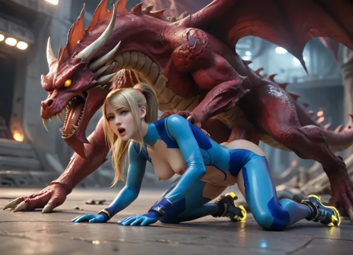 Samus Aran, 18 years old, bright blonde hair, ahegao face, deep blue eyes, looking up, very slim, abs, naked, thigh gap, shaved pussy, zero suit long gloves, zero suit boots, fucked doggystyle by Ridley, Ridley is a giant skinny dark purple winged dragon, Ridley is flexing legs, opening wings, howling, massive penis in vagina, vaginal penetration, squirt dripping massively, large puddle of squirt on the floor, in modern spaceship, screens, control panels, grids on floor, very detailed background, side view, samus, aran, ponytail, defSamus, blonde, hair, DarkSamusXL, RidleyMetroidXL, <lora:samus-xl-nvwls-v1:.8>, <lora:790528_training_data:1.3>, Unfazed, dragon, <lora:Unfazed_dragon_-_XL SDXL:.8>