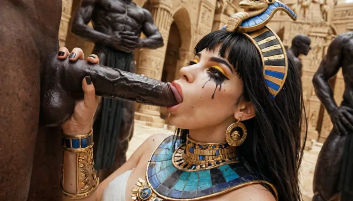 pale woman, bright brown eyes, heavy egyptian makeup running, egyptian headdress, blowbang, deepthroat, (gold makeup:1.2), (egyptian men:1.1), (egypt tattoos:.8), dark underworld scene, eyes closeup, random angle, statues